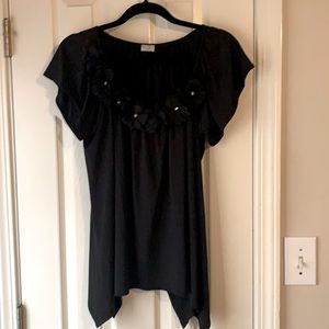 Carrie Allen ladies black top with rhinestones and ruffled flowers Size L